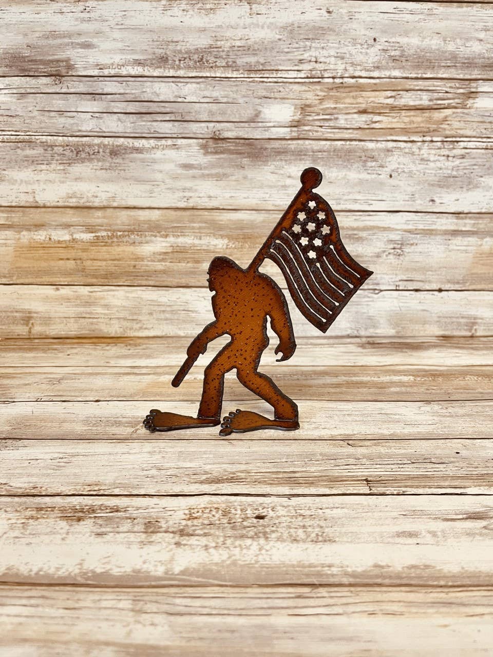 Bigfoot With Flag Yeti Sasquatch Origami Rustic Metal