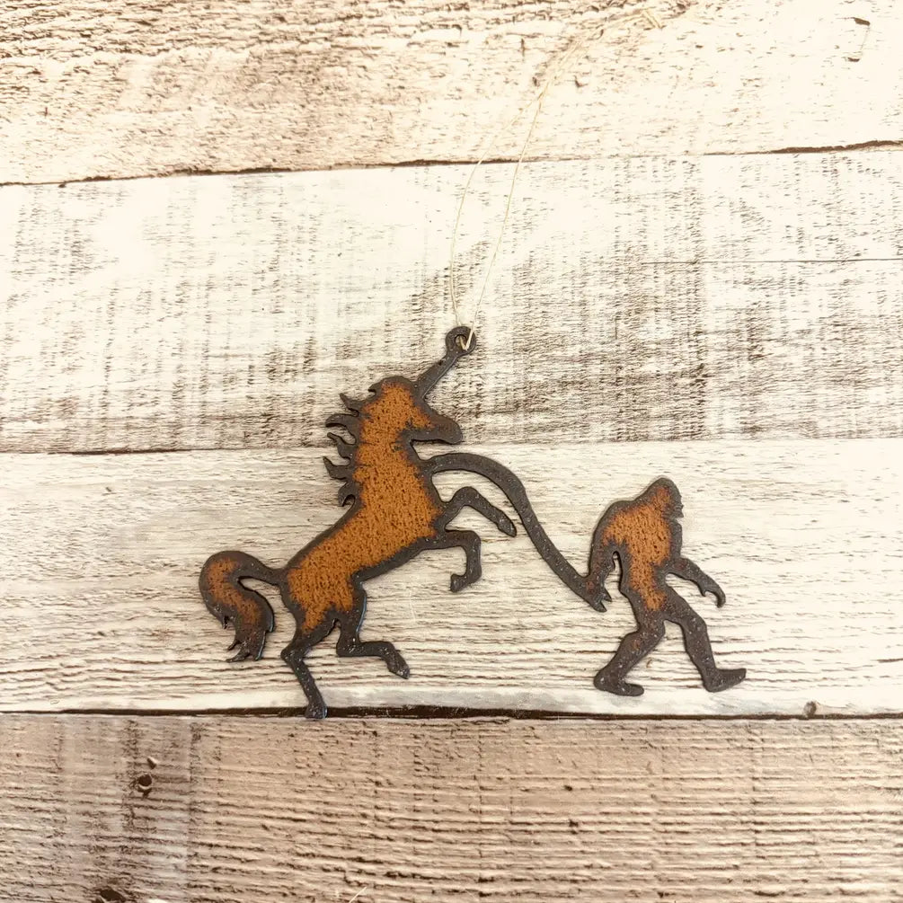 Unicorn Bigfoot Yeti Sasquatch Rustic Metal Ornament