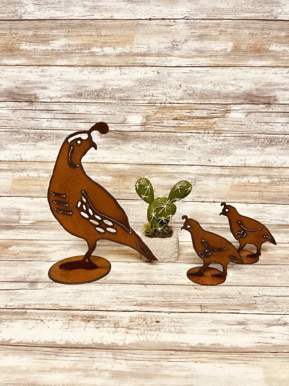 Quail Mom and 2 Babies Two Dimensional Southwest Garden Art