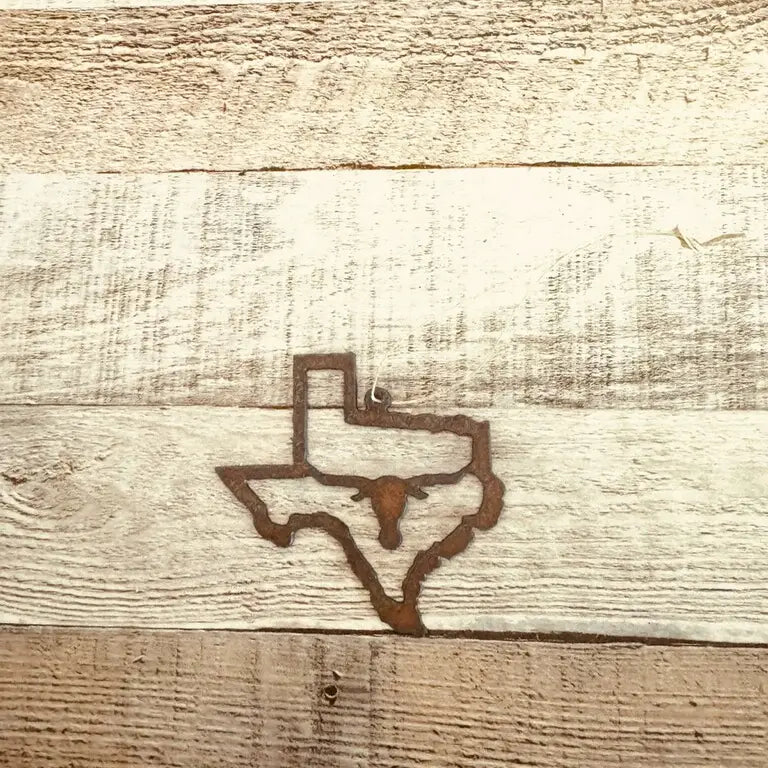 Texas Outline with Longhorn Steer Head Rustic Metal Ornament