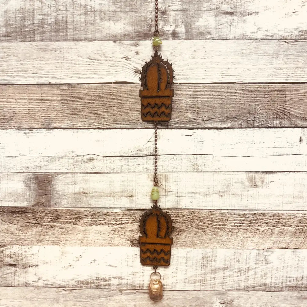 Potted Barrel Cactus Double Garden Bell Chime Southwest Gift