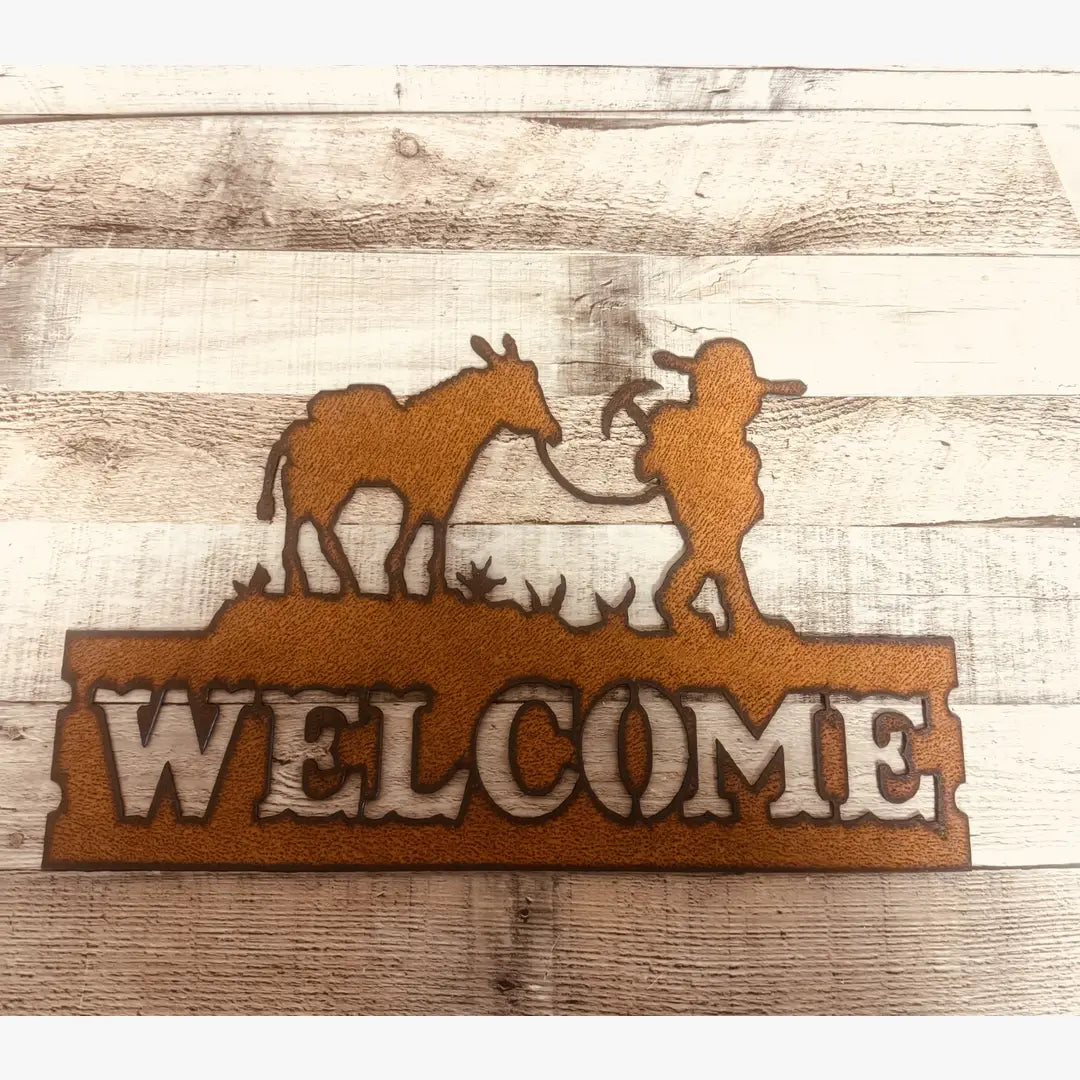 Miner and Mule Rustic Metal Welcome Sign Made in USA