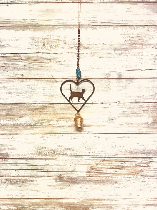 Heart Outline with Kitty Cat Rustic Metal Garden Bell Chime