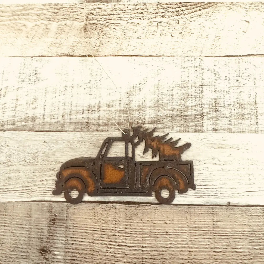 Vintage Truck with Pine Tree Rustic Metal Ornament
