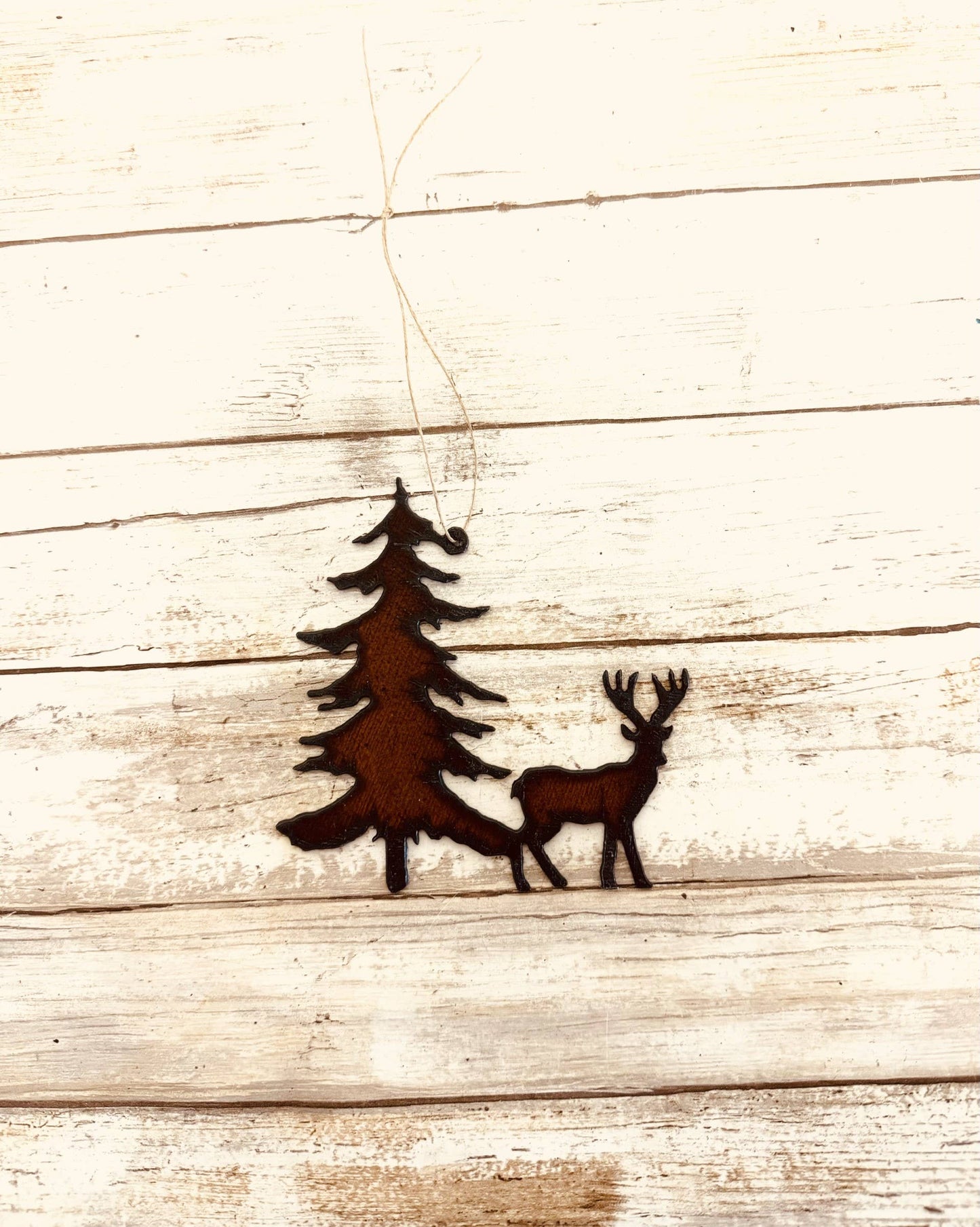 Deer and Pinetree Rustic Metal Lodge Ornament