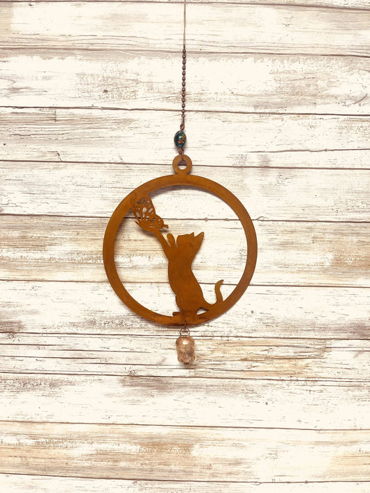 Cat kitty with Butterfly Rustic Garden Bell Chime Pet Gift