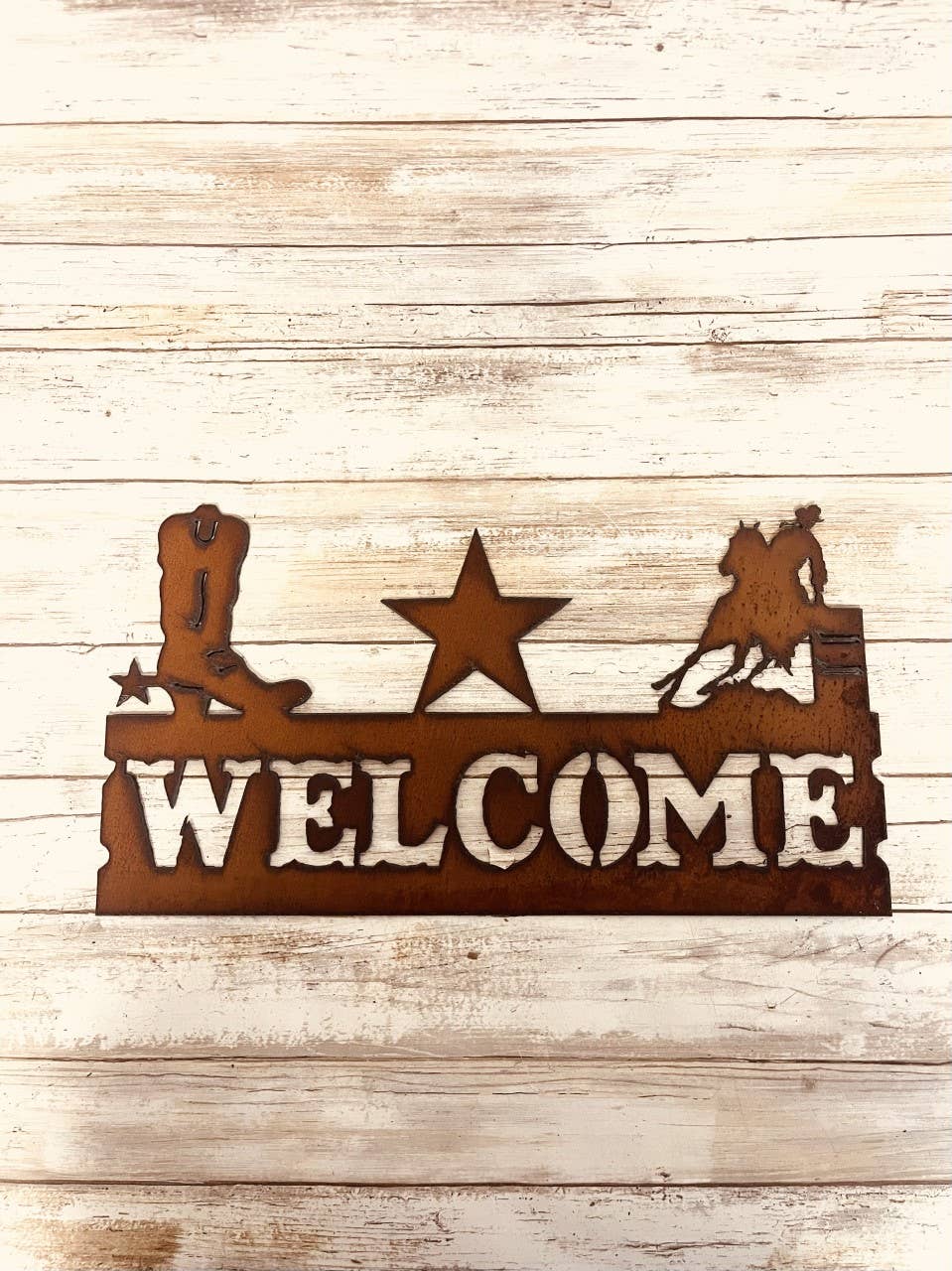 Boot Star Barrel Racer Rustic Metal Rodeo Sign