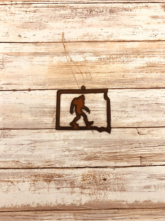 South Dakota Outline with Bigfoot Yeti Sasquatch Ornament