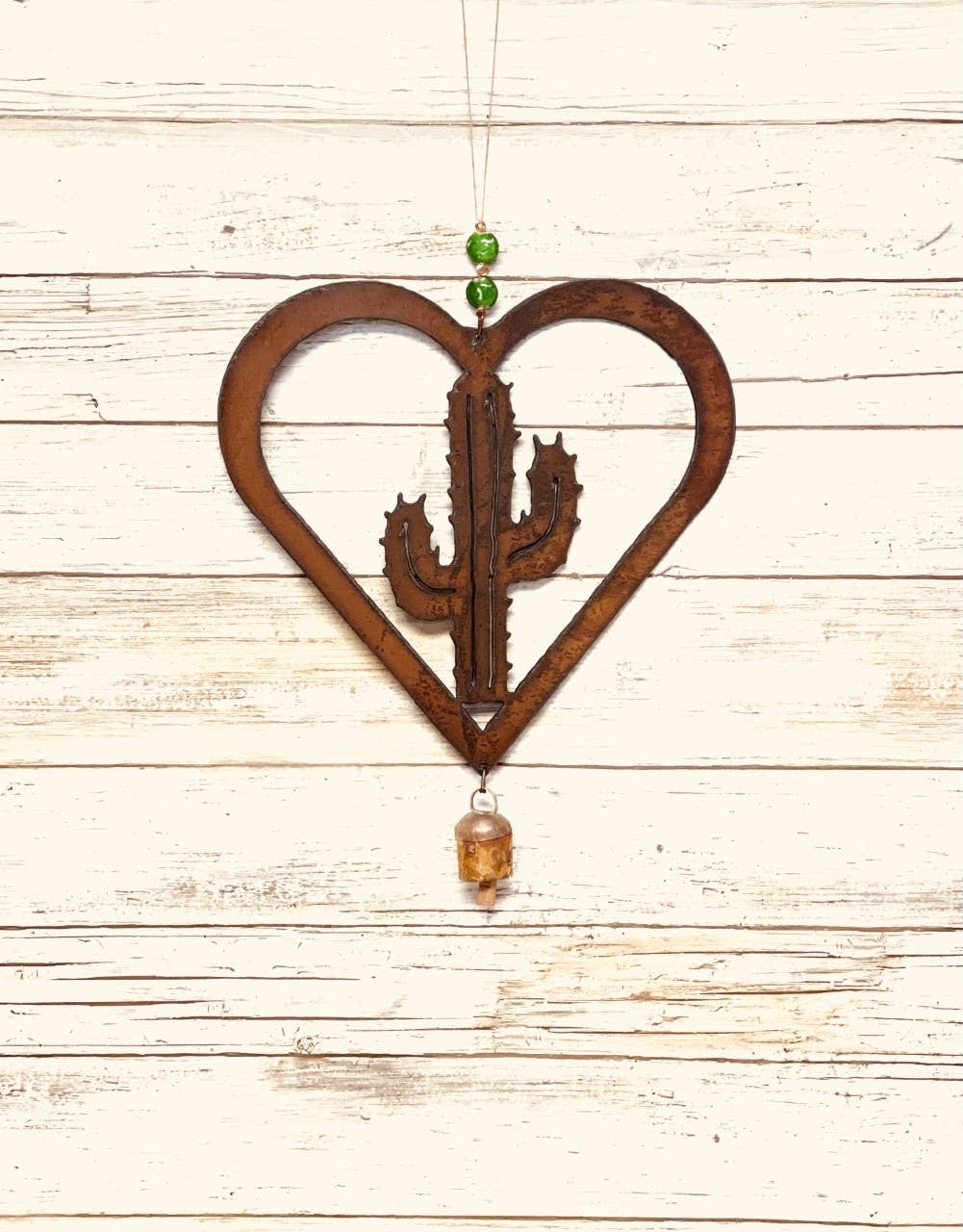 Heart Outline with Cactus BELL 9 Inch Rustic Home Decor