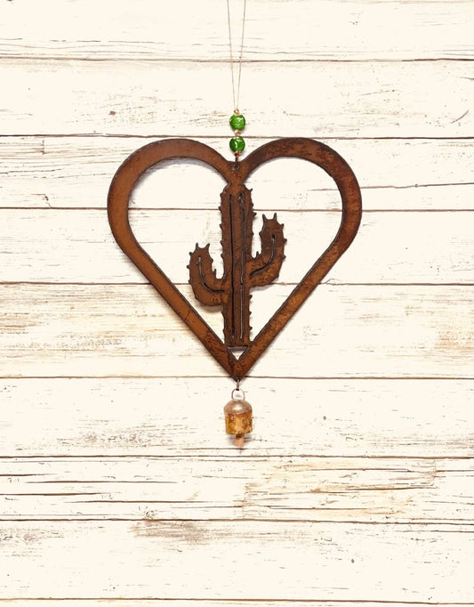 Heart Outline with Cactus BELL 9 Inch Rustic Home Decor