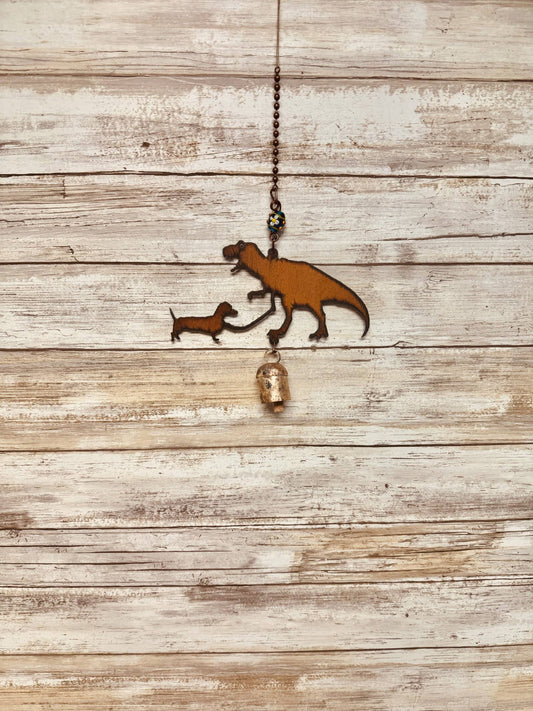 Tyrannosaurus Dinosaur with Dachshund Rustic Garden Bell