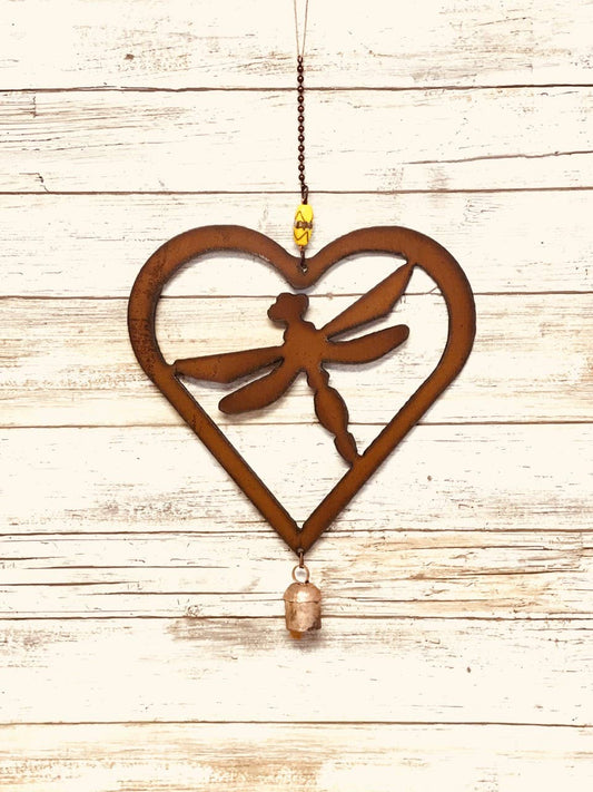 Heart Outline 9 Inch Dragonfly Rustic Metal Charm Decor