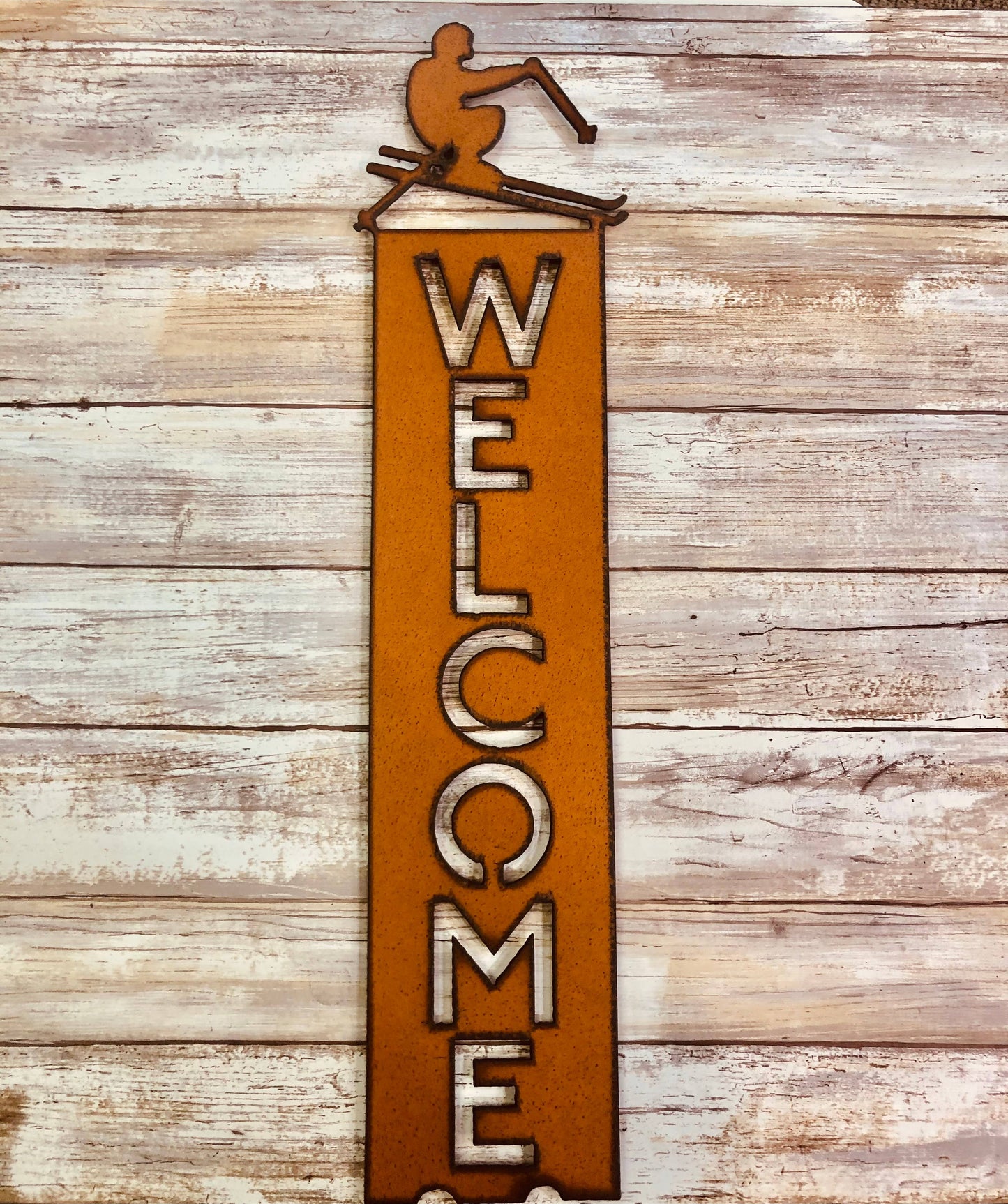 Skier Lodge Vertical Welcome Sign