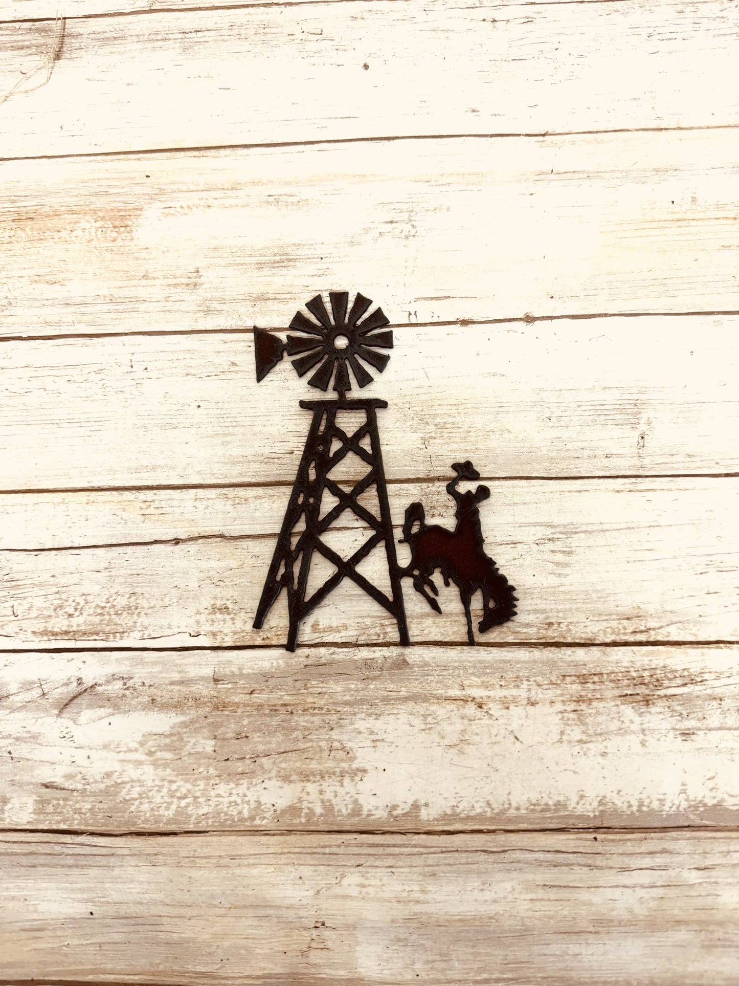 Wyoming Bronc with Windmill Rustic Metal Rodeo Magnet