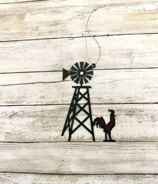 Rooster and Windmill Rustic Farmhouse Ornament