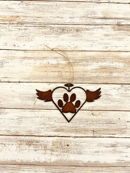 Flying Heart Outline with Paw and Halo Ornament Memorial