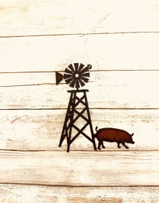 Pig and Windmill Rustic Metal Farmhouse Ornament