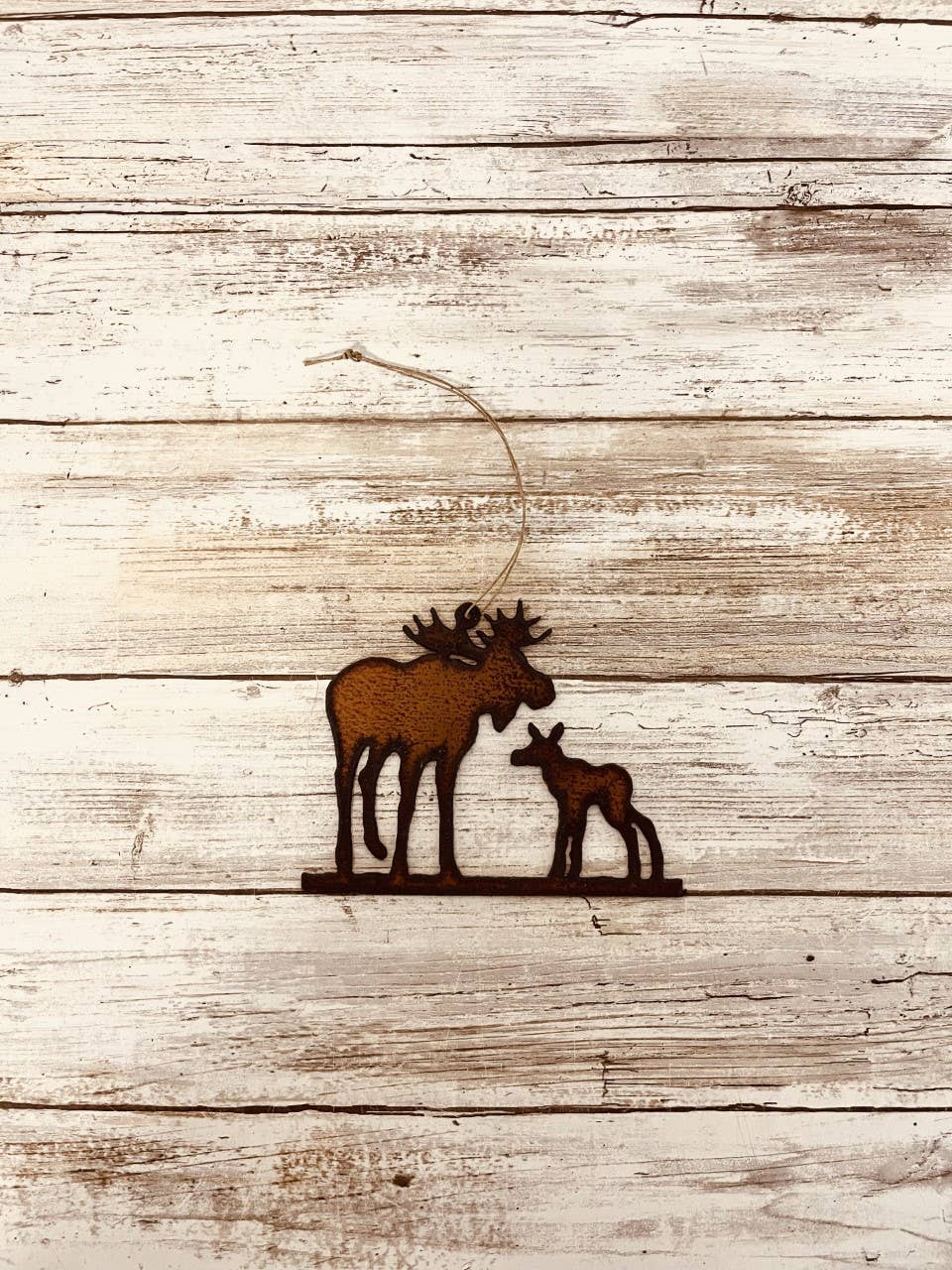 Moose and Baby Lodge Rustic Metal Ornament