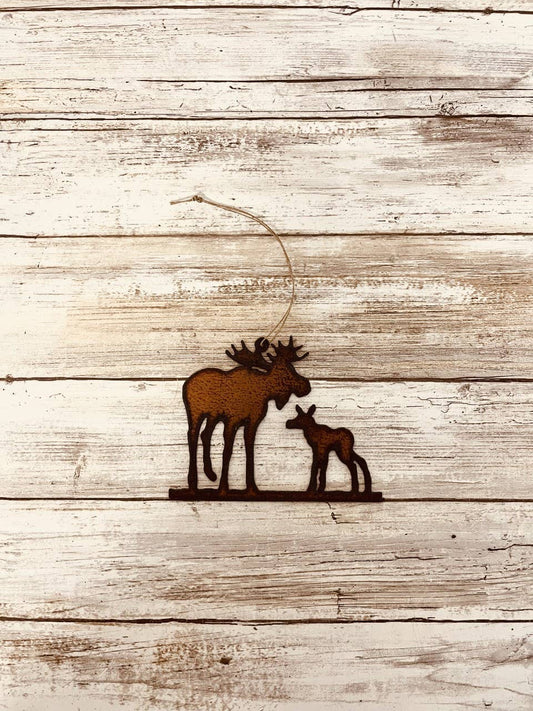 Moose and Baby Lodge Rustic Metal Ornament