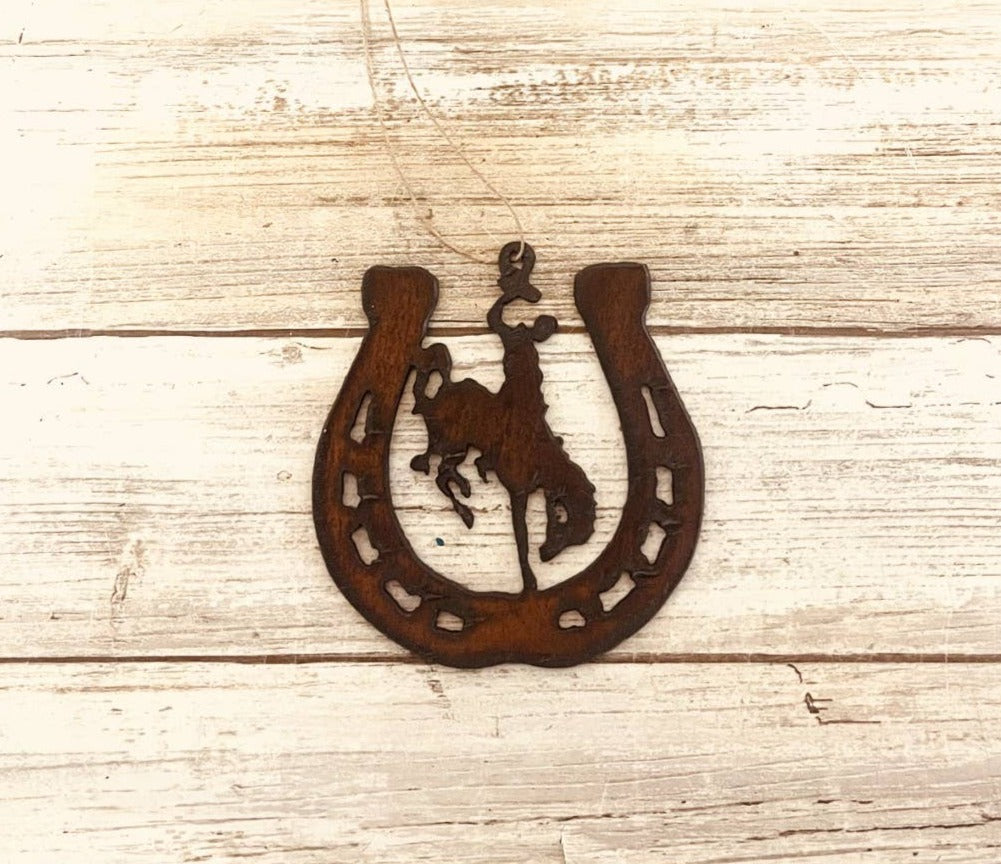 Horseshoe with Wyoming Bronc Rider Rustic Western Ornament