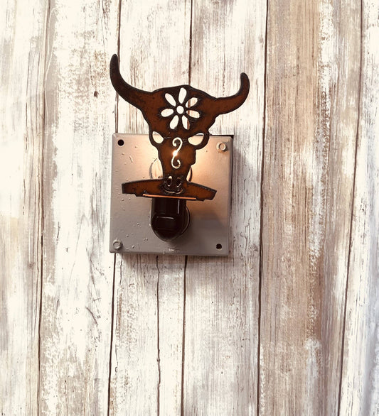 Buffalo Skull Garden Friend Western Night Light Rustic Metal