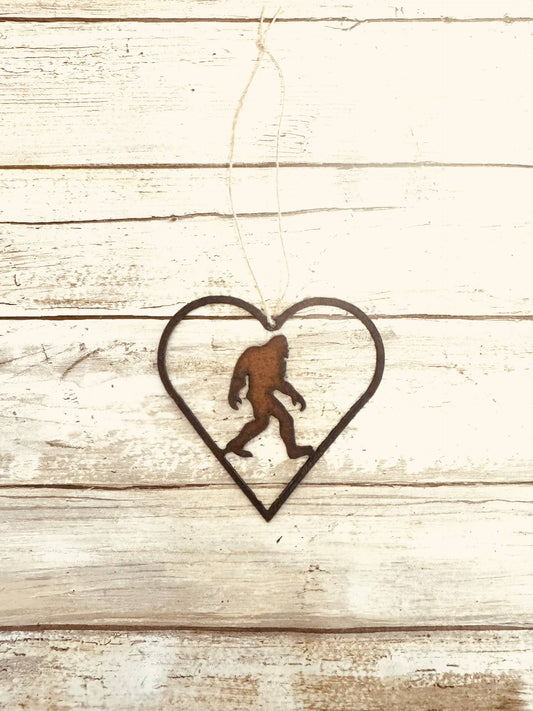 Heart Outline with Bigfoot Yeti Sasquatch Ornament Rustic