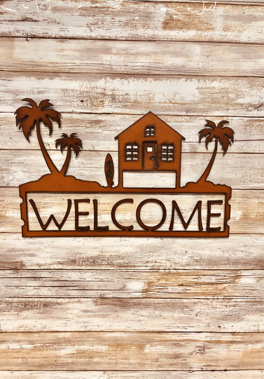 Beach House with Trees Nautical Welcome Sign