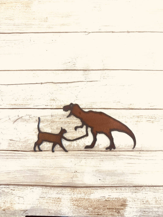 Tyrannosaurus Dinosaur with Kitty Cat Rustic Metal Magnet