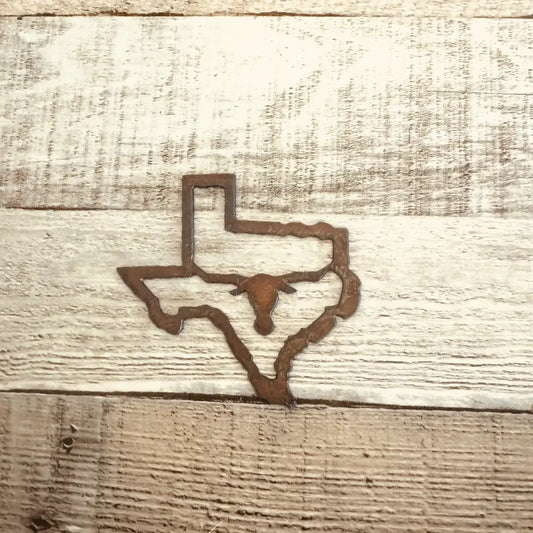Texas Outline with Longhorn State Rustic Metal Magnet