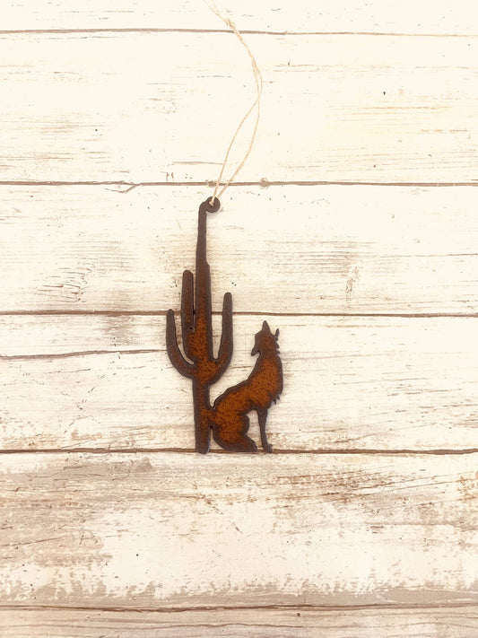 Coyote and Saguaro Cactus Desert Ornament Rustic Metal