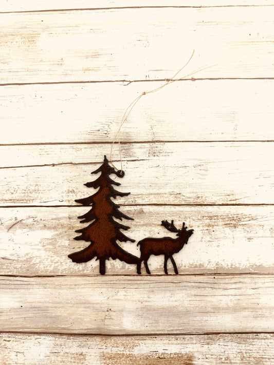 Elk and Pinetree Rustic Lodge Metal Ornament