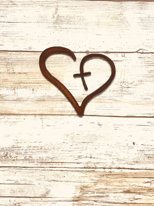 Heart with Cross Rustic Metal Magnet