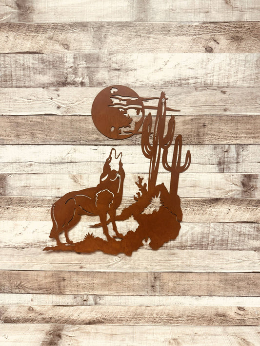 Coyote Wall Art Southwest Desert Scene Rustic Metal Wall Art