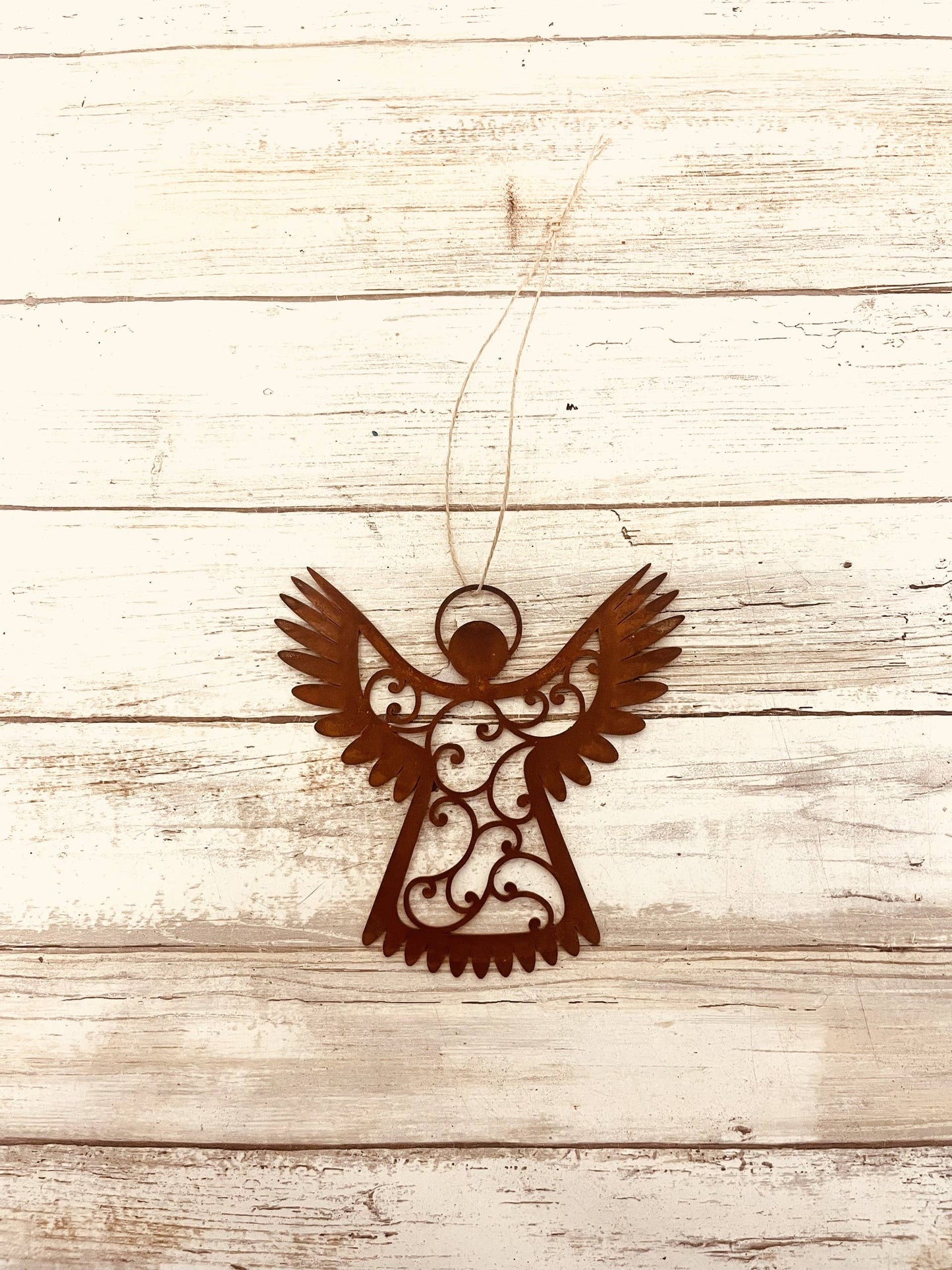 Angel with Wings up Rustic Metal Christmas Ornament