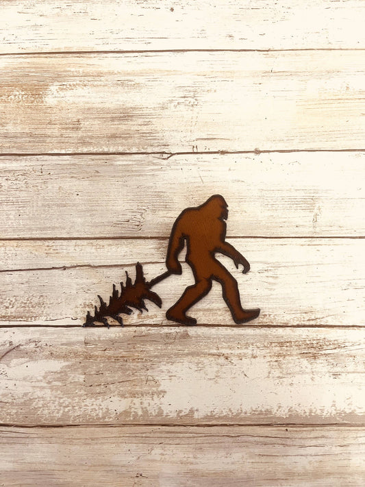 Bigfoot Yeti Sasquatch with Pinetree Rustic Metal Magnet