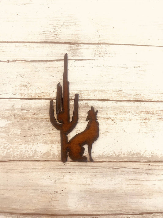 Coyote with Cactus Desert rustic Metal Magnet Made in The US