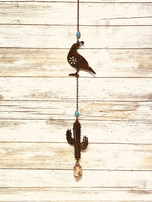 Quail and Cactus Double Bell Rustic Southwest Garden Bell