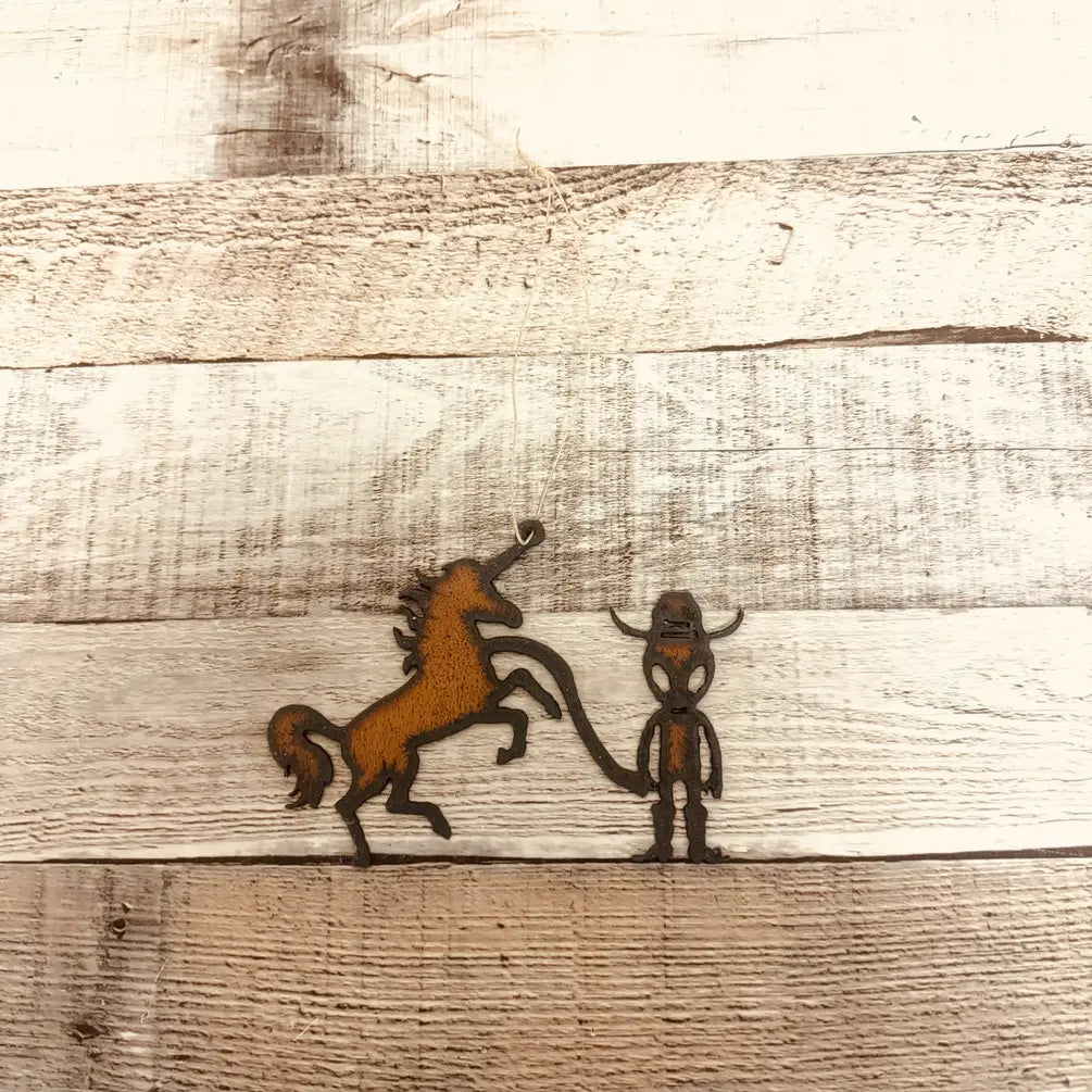 Alien Cowboy with Unicorn Ornament Rustic Metal Area 51 Gift