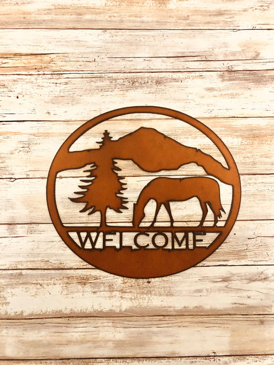 Horse and Pine Tree Rustic lodge Western Sign