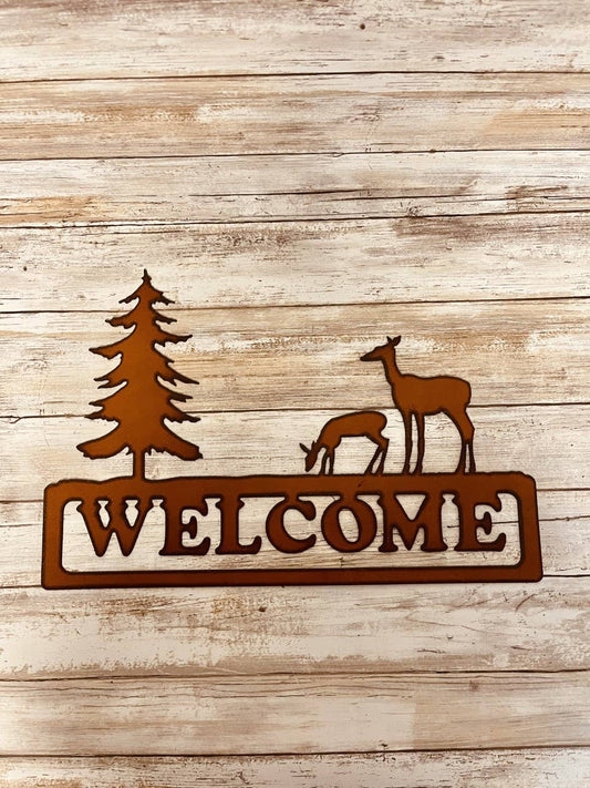 Doe and Tree Horizontal Welcome Lodge Sign