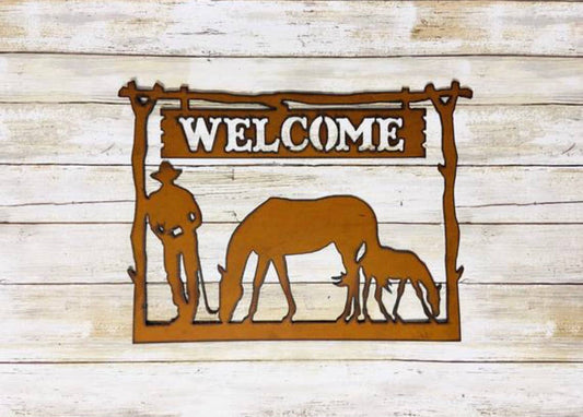 Cowboy Leaning Western Horizontal Welcome sign