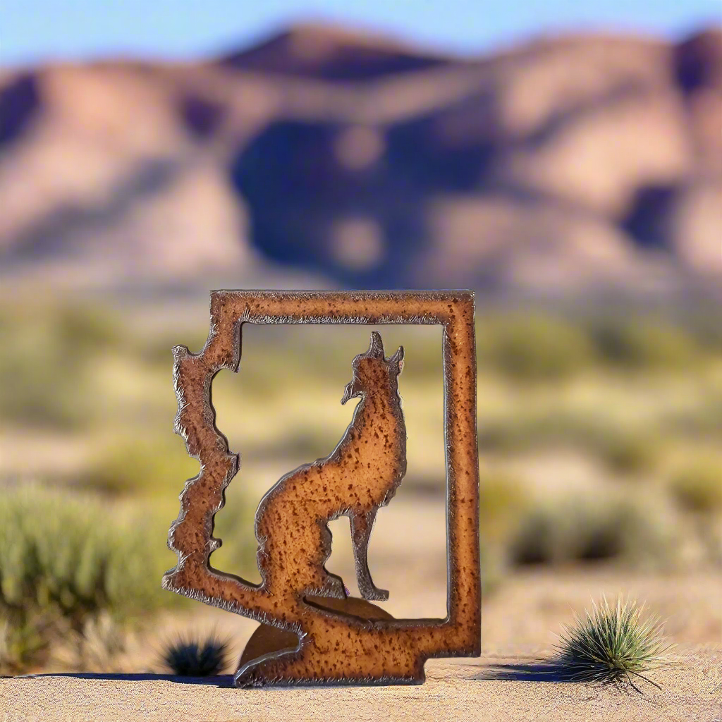 Arizona Outline with Coyote Rustic Metal Doodad Figurine