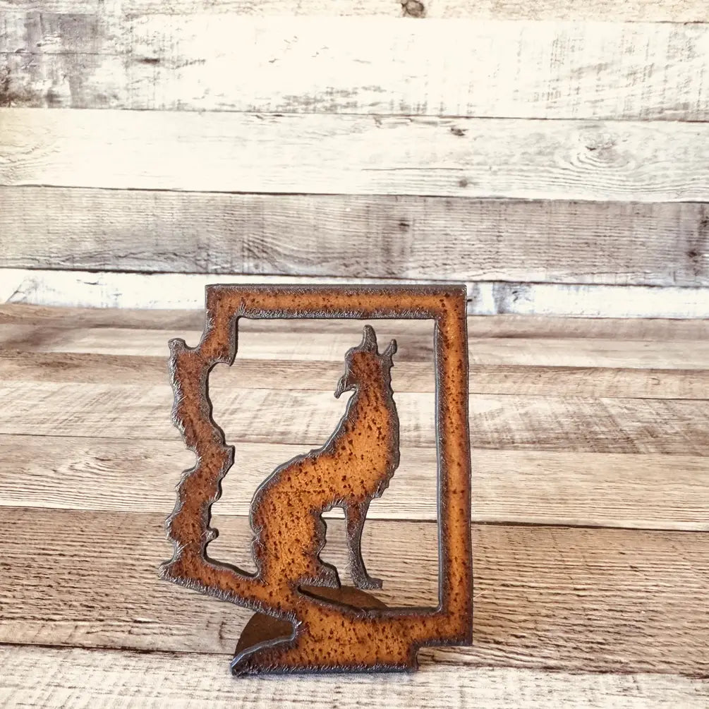 Arizona Outline with Coyote Rustic Metal Doodad Figurine