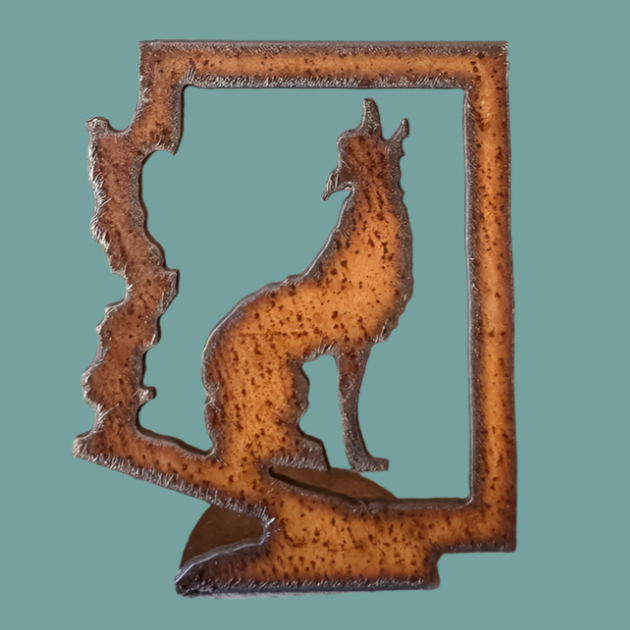 Arizona Outline with Coyote Rustic Metal Doodad Figurine