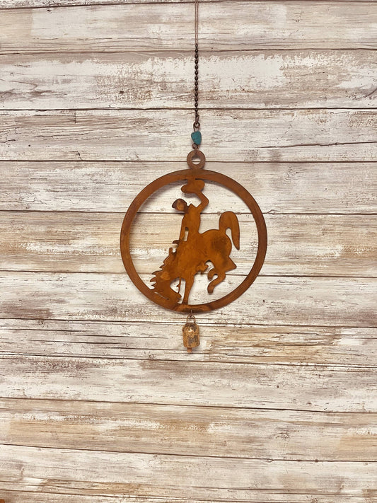 Wyoming Bronc Rider Rodeo 8' Rustic Metal Garden Bell Chime