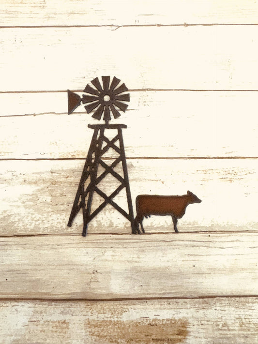 Cow and Windmill Rustic Farmhouse Metal Magnet