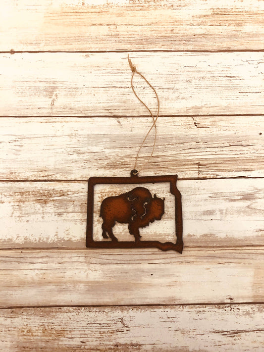 South Dakota Outline with Buffalo Ornament