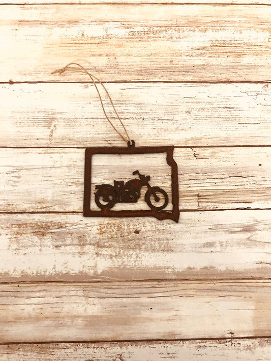 South Dakota Outline with Vintage Motorcycle Ornament