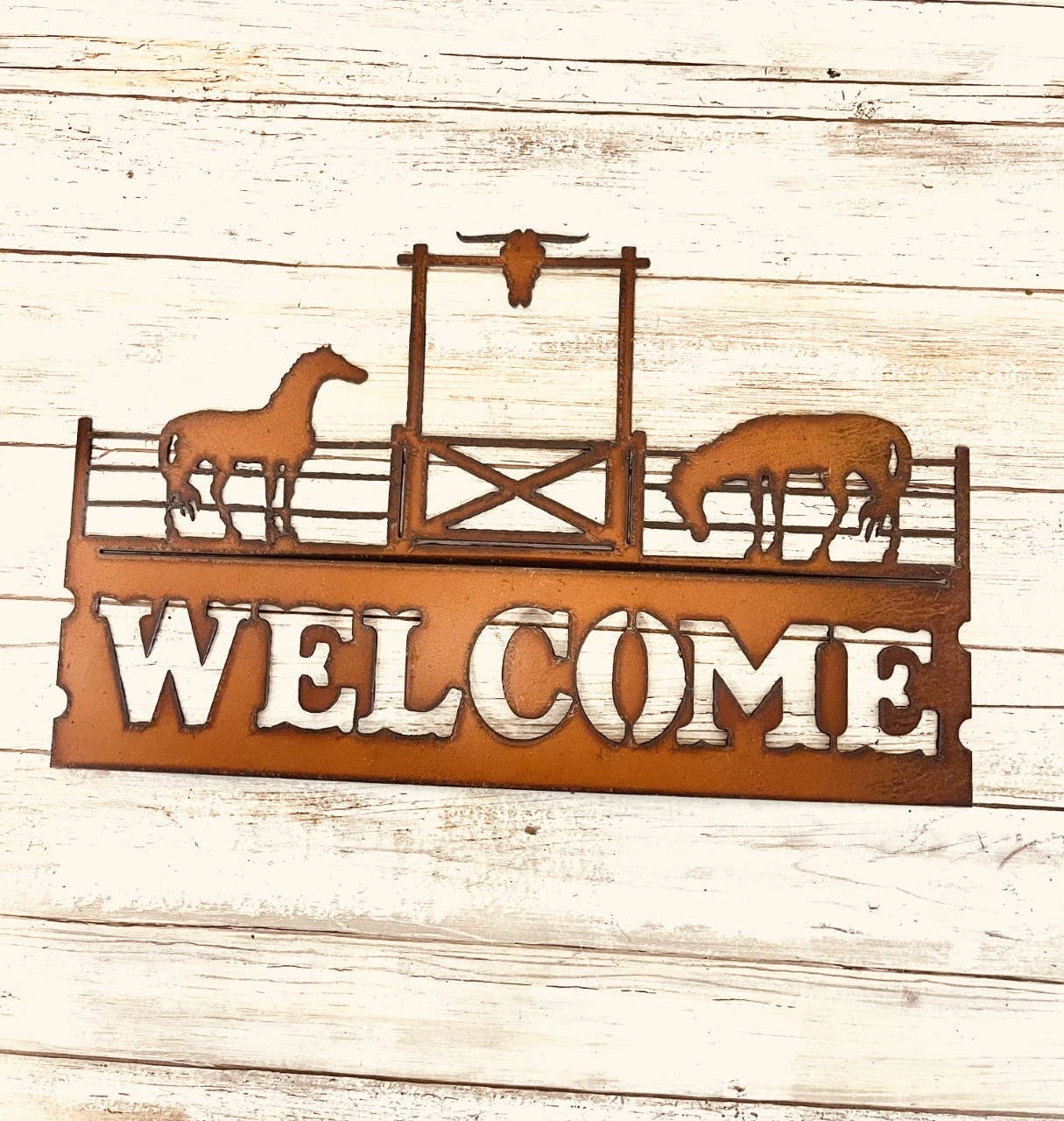 Horses At Fence With Gate Horizontal Welcome Sign