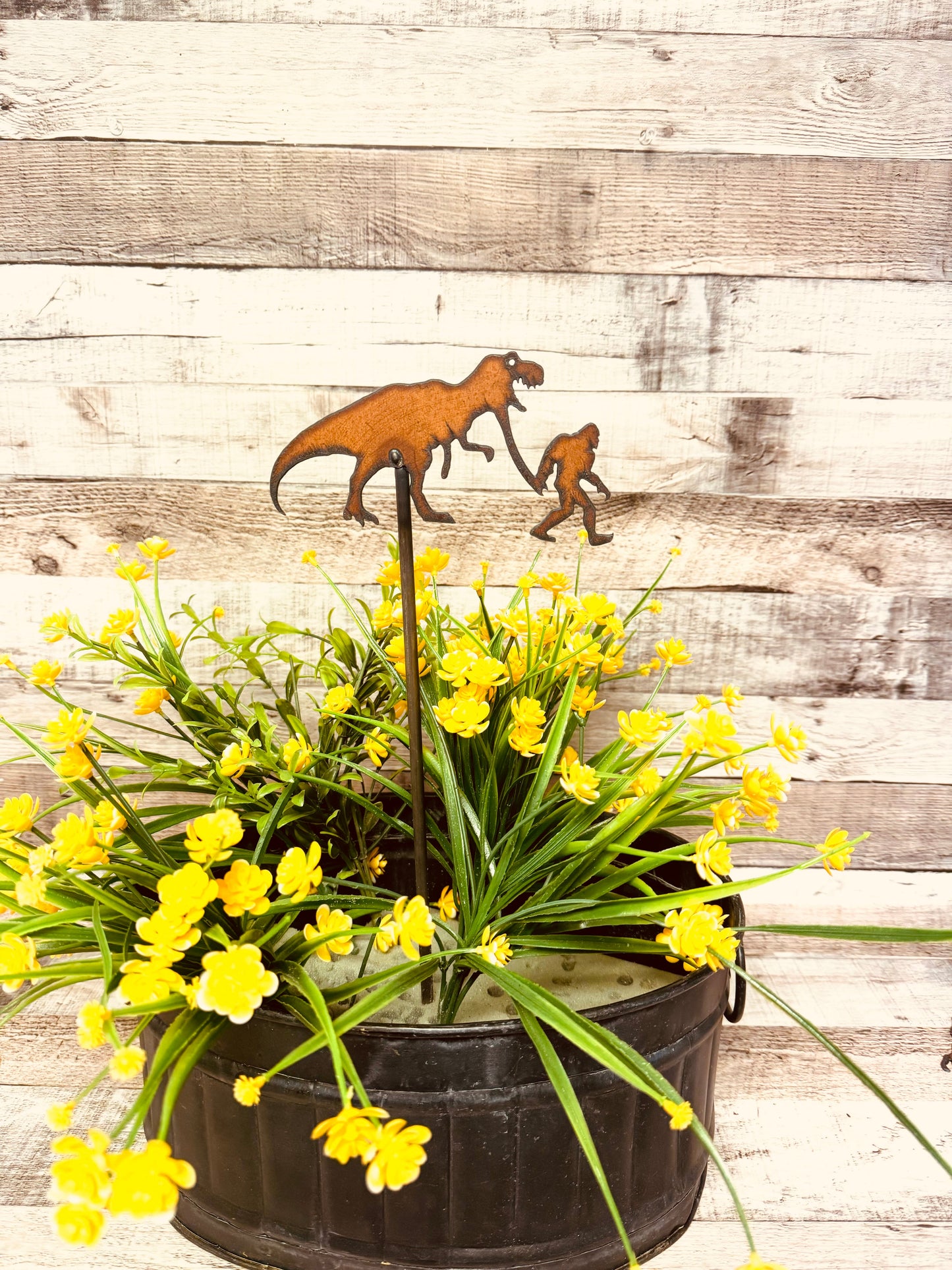 T-Rex with Bigfoot with flag Garden Plant Stake